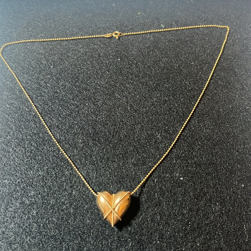14K Puffed Gold Heart Necklace on Beaded 
Chain - Picture 4 of 6